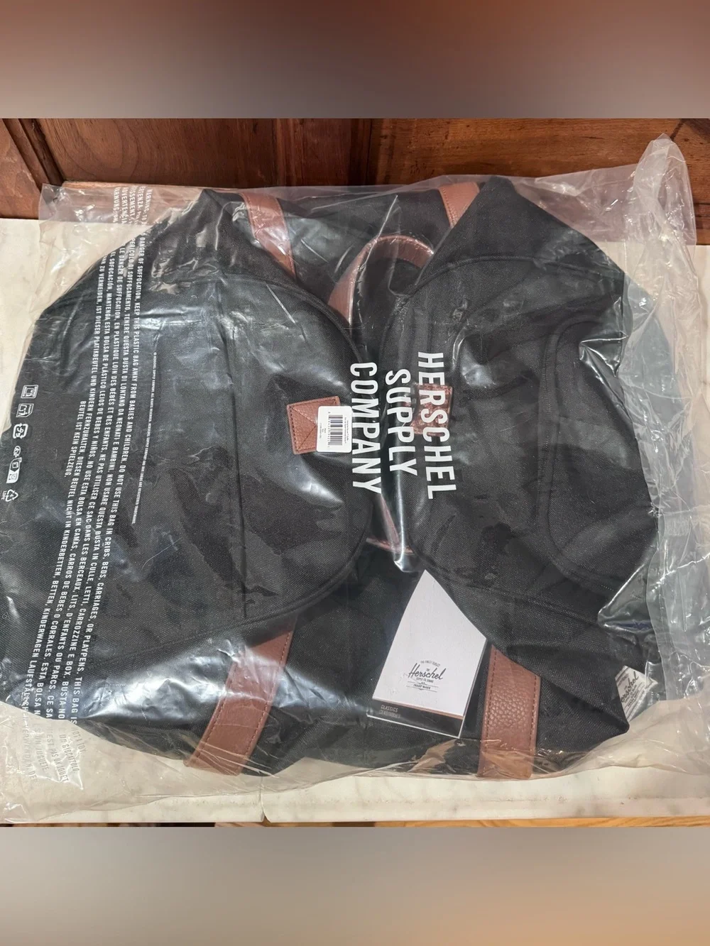 *NWT* Herschel Supply Company Novel Black Duffel with Brown Leather Handles